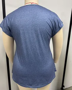 Back view of a plus-size casual blue heathered short-sleeve T-shirt on mannequin