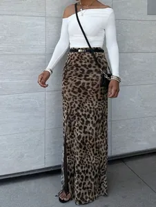 Detailed shot of a stylish leopard print high-waisted maxi skirt with a chic side slit.