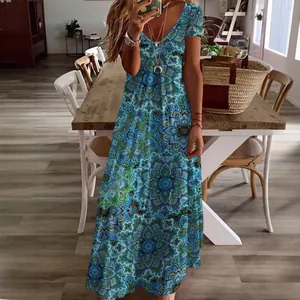 Elegantes Bohème-Maxikleid mit V-Ausschnitt und Mandala-Blumendruck für Damen Sommer Mode