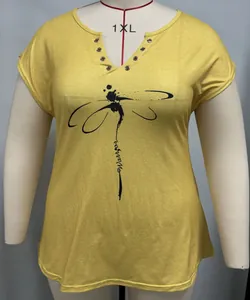 Detail view of yellow plus size V-neck T-shirt featuring black dragonfly and Warrior print