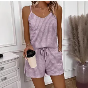 Top y Pantalones Cortos de Punto Acanalado con Cuello en V para Mujer Ropa de Dormir Casual de Verano sin Mangas Púrpura Claro
