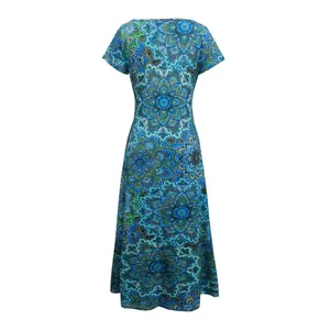 Blau-grünes Sommer-Midikleid mit Mandala-Print und V-Ausschnitt für Damen