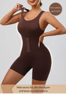 Close-up detail of brown one-piece shapewear featuring tummy control hooks and wide straps