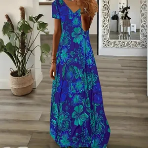Elegant V-neck maxi dress with blue floral print for summer casual wear