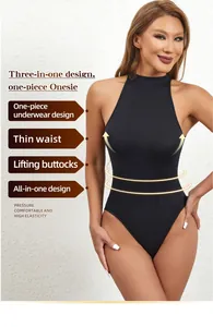 Sleeveless black high-neck shaping bodysuit with tummy control and butt lifting design