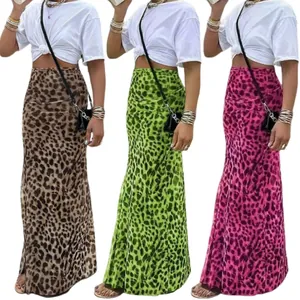 Women Leopard Print High Waist Maxi Skirt Sexy Slim Fit Bodycon Summer Long Skirt Elegant Fashion Side Slit Streetwear Bottom