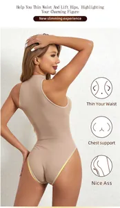 Detail view of beige ribbed sleeveless bodysuit shapewear highlighting slimming effects.