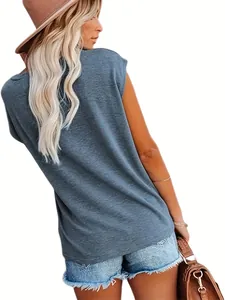 Back view of a casual women's sleeveless blue T-shirt with comfortable fabric texture