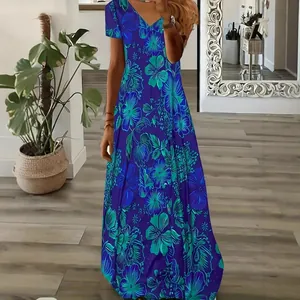 Summer V-neck floral print maxi dress for women in stylish blue and teal colors