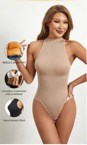 Sleeveless high neck shapewear bodysuit with tummy control and bust lift details.