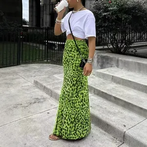 Stylish green leopard print high waist maxi skirt for a chic summer fashion look.