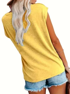 Detail view of the back of a yellow casual women's T-shirt made of textured fabric.