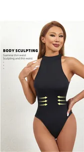 Detail showing the sculpting effect of the black sleeveless thong bodysuit on a model