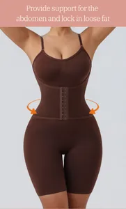 High-waist brown shapewear bodysuit featuring front hook closures for abdominal support.