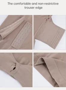 Detailed views of women's shapewear bodysuit highlighting the hook closures and leg edges