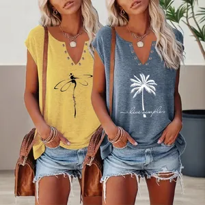 Women Plus Size V Neck T-Shirt Floral Printed Short Sleeve Top Summer Casual Graphic Tee With Metal Eyelet Decoration