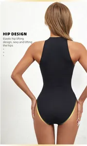 Detailed back view of a black sleeveless thong bodysuit with elastic hip-lifting design