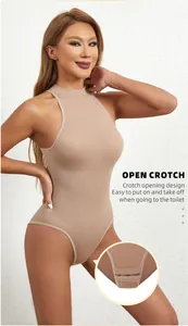 Detail of nude ribbed sleeveless bodysuit featuring open crotch with hook-and-eye closure