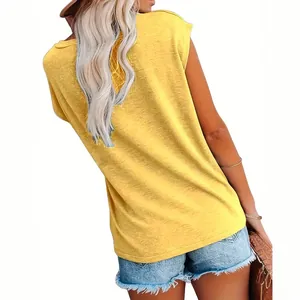 Fashionable casual yellow V-neck plus size women's T-shirt shown from a rear perspective