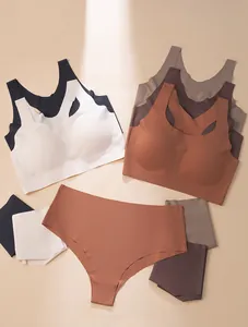 Professionelles nahtloses Sport-BH- und Slip-Set in neutralen Erdtönen mit Push-up-Effekt