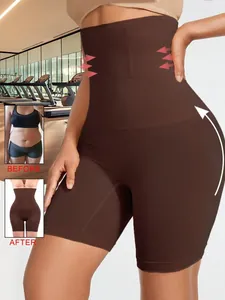 High-waist brown shapewear shorts showing slimming compression and lifting effects