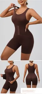 Detail view of coffee-colored tummy control shapewear bodysuit with hook-and-eye closure