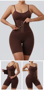 Detail of brown shapewear bodysuit with hook-and-eye front closure for tummy control