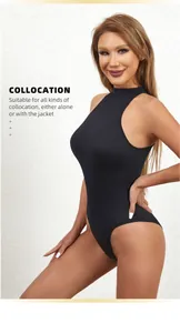 Detailed side view of a black sleeveless high-neck bodysuit with collocation English text.