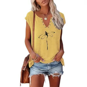 Yellow summer casual V-neck T-shirt with dragonfly print and rivet details