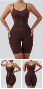Detail of brown shapewear bodysuit with hook-and-eye tummy control and adjustable straps.