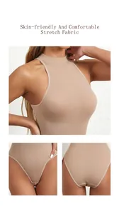 Detail view of skin-friendly beige ribbed bodysuit with snap closure and soft stretch fabric