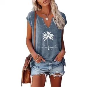 Women's casual blue V-neck T-shirt with palm tree print and Live Simple slogan style