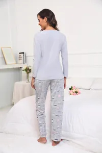 Pyjama confortable violet à manches longues pour femmes avec pantalon imprimé café