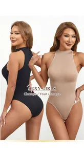 Detail view of ribbed sleeveless bodysuits in black and nude colors on models