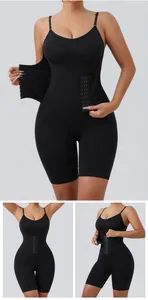 Detail view of black one-piece shapewear with front row buckles and adjustable straps.