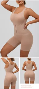 Detailed views of nude plus size tummy control shapewear bodysuit with front closure