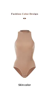 Skin-colored sleeveless mock neck slimming bodysuit with ribbed texture and hook closure