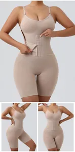 Detailed view of nude one-piece shapewear featuring adjustable straps and front hooks