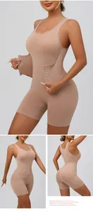 Detailed three-panel view of a seamless beige shapewear bodysuit featuring tummy control hooks