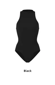 Close-up of a black ribbed sleeveless bodysuit featuring a sleek high neck design.