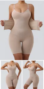 Detail views of nude plus size shapewear bodysuit with tummy control row buckles