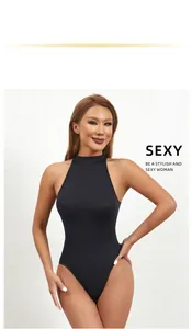 Close-up detail of a stylish black sleeveless ribbed bodysuit on a female model