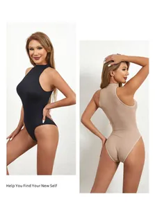 Detailed front and back views of high neck sleeveless ribbed bodysuit in black and beige
