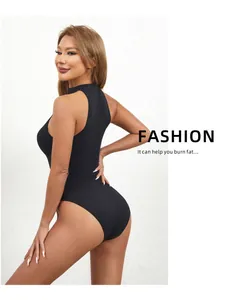 Side view of a sleeveless high-neck black slimming bodysuit on a female model