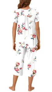 Back view of comfortable floral print pajama set with short-sleeve top and Capri pants