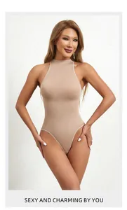 Detail view of a model wearing a stylish sleeveless ribbed bodysuit with mock neck