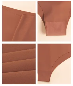Detailansicht der nahtlosen Stofftextur und des Schrittfutters brauner Damen Slips.