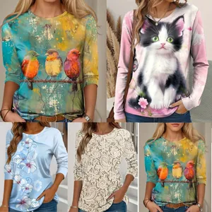 Γυναικείο Casual T-Shirt με Στρογγυλή Λαιμόκοψη Μακρύ Μανίκι 2025 Φθινόπωρο Μόδα Λουλούδια Ζώα Τυπωτό Τοπ Πουλόβερ Άνετο Καθημερινό Πολυεστέρας