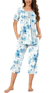 Women's comfortable floral print pajama set with short sleeve button-up top and cropped pants