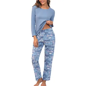 Ensemble pyjama femme, haut bleu à manches longues et pantalon à motifs de rêve